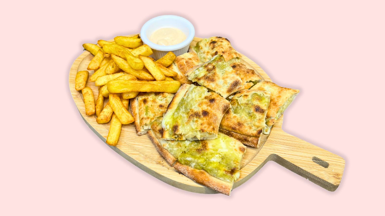 Chicken pesto pizza roll with fries